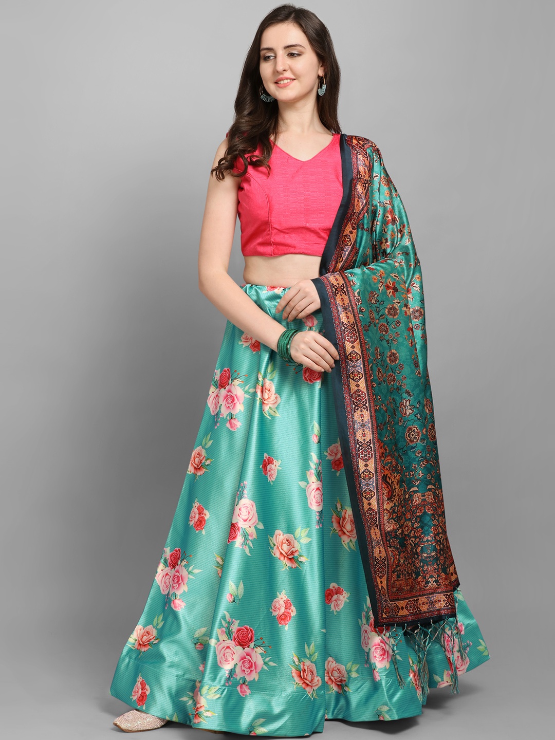

Satrani Turquoise Blue & Pink Solid Unstitched Lehenga & Blouse with Dupatta