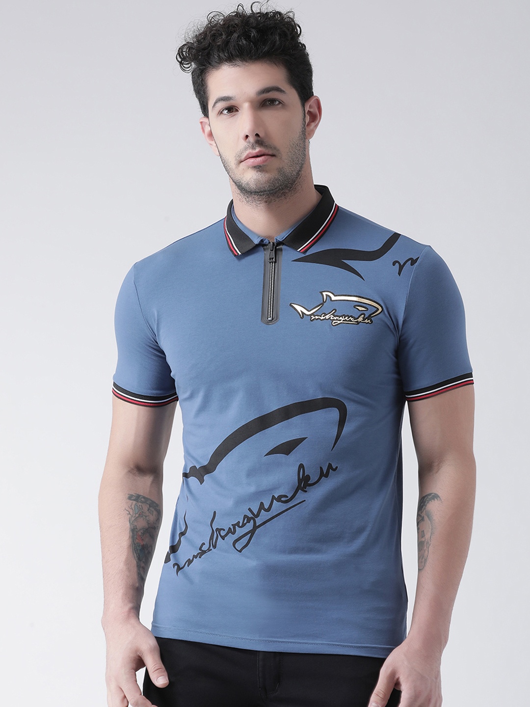 

Rex Straut Jeans Men Blue Printed Polo Collar T-shirt