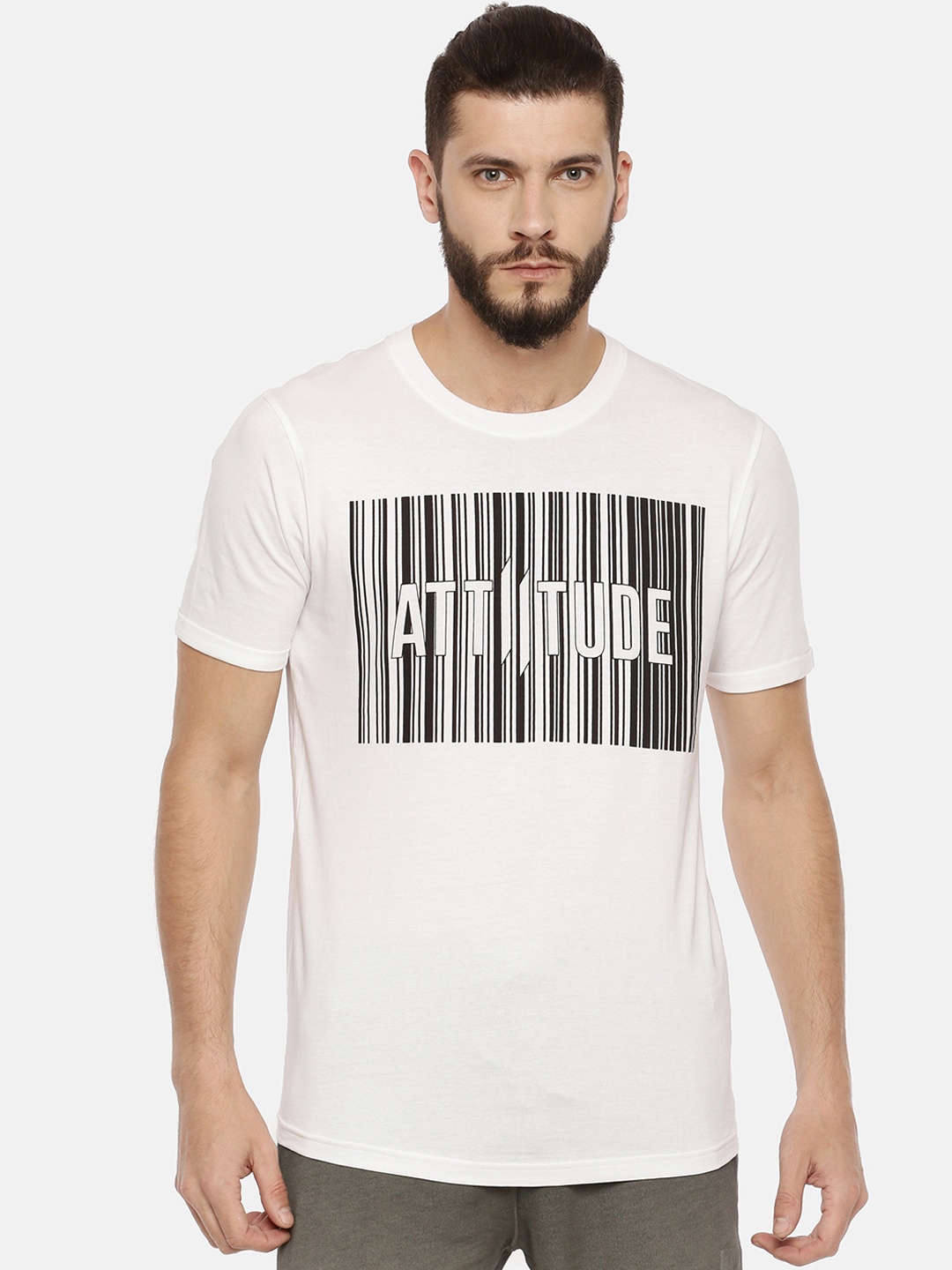 

ATTIITUDE Men White Black Printed Round Neck Slim Fit Pure Cotton T-shirt