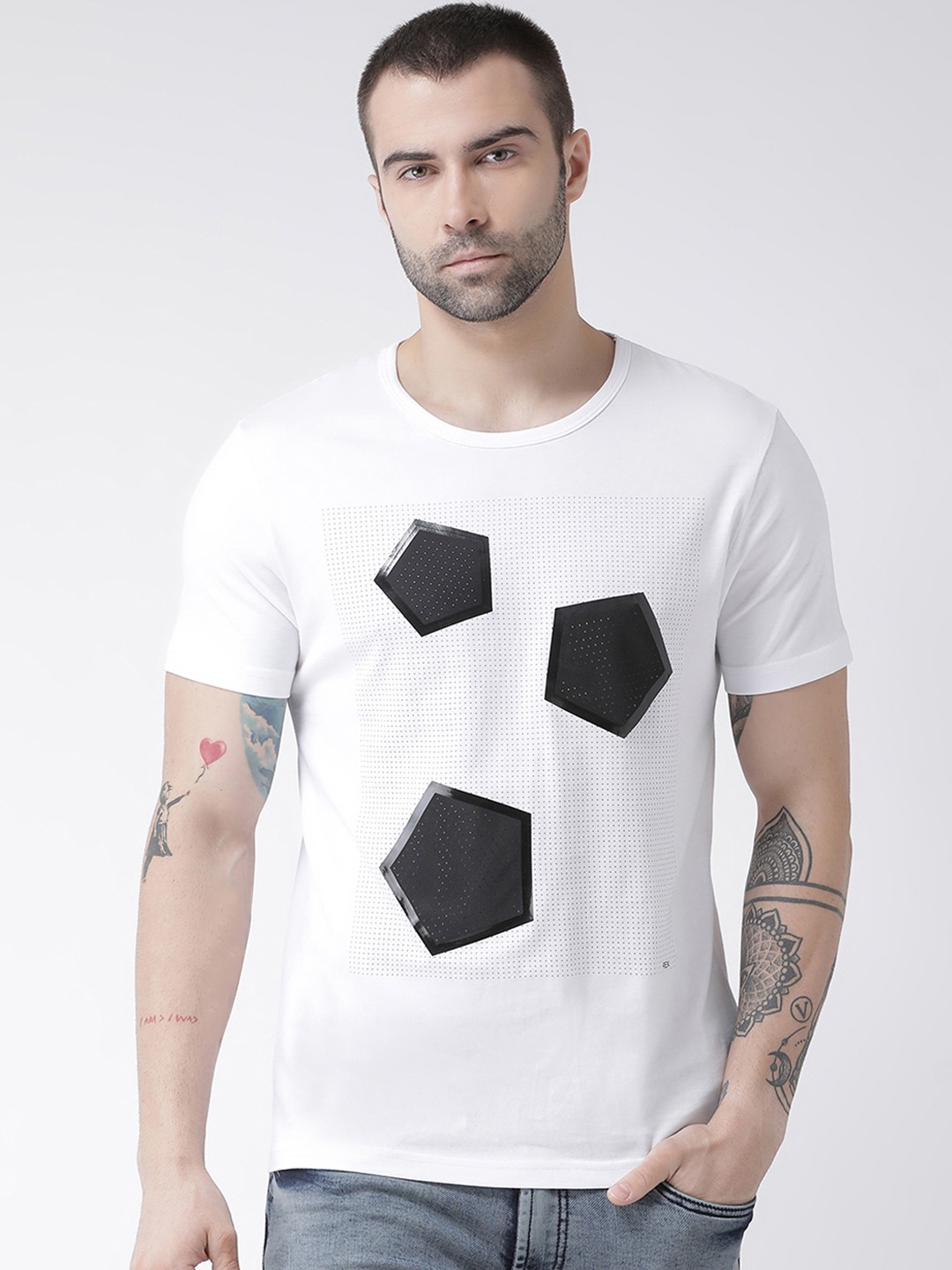 

Rex Straut Jeans Men White & Black Printed Round Neck T-shirt
