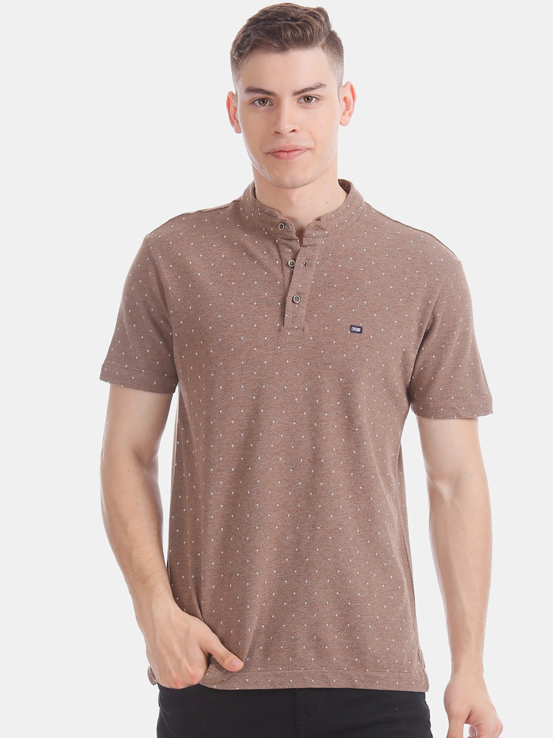 

Arrow Sport Men Brown Printed Mandarin Collar Pure Cotton T-shirt