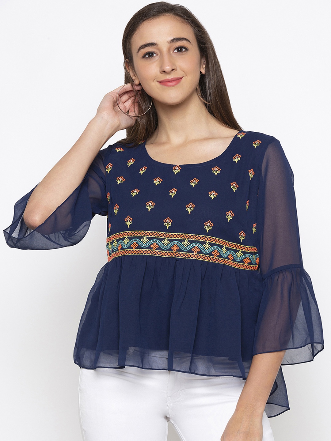 

Globus Women Navy Blue Printed Peplum Top