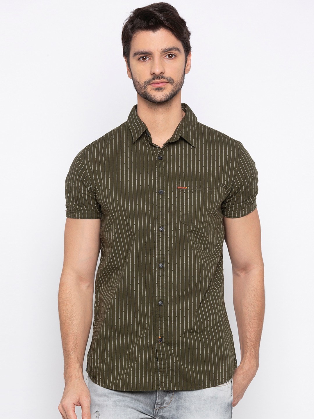 

SPYKAR Men Olive Green Slim Fit Striped Casual Shirt