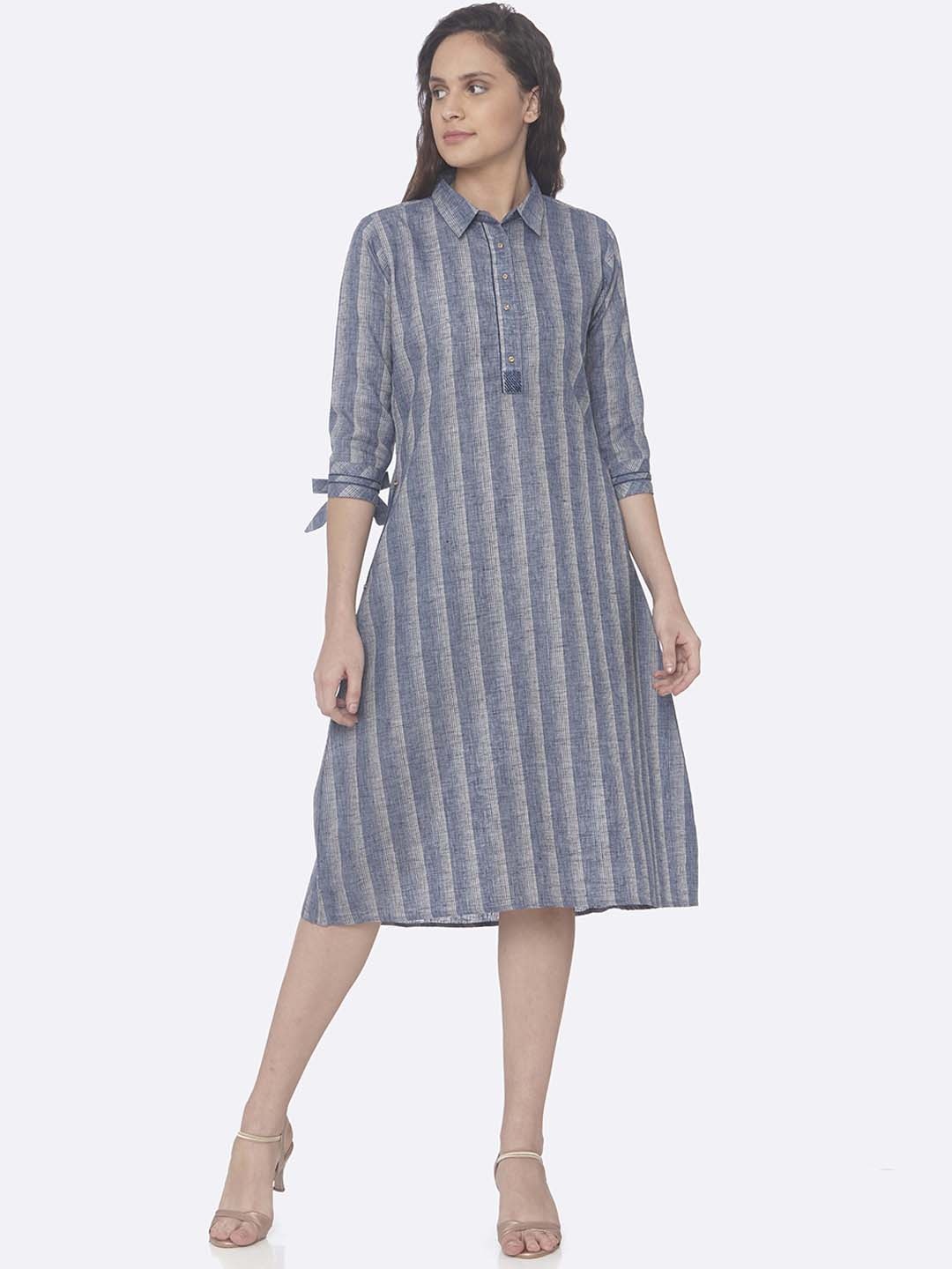 

RAISIN Women Blue & Grey Striped Shirt Dress