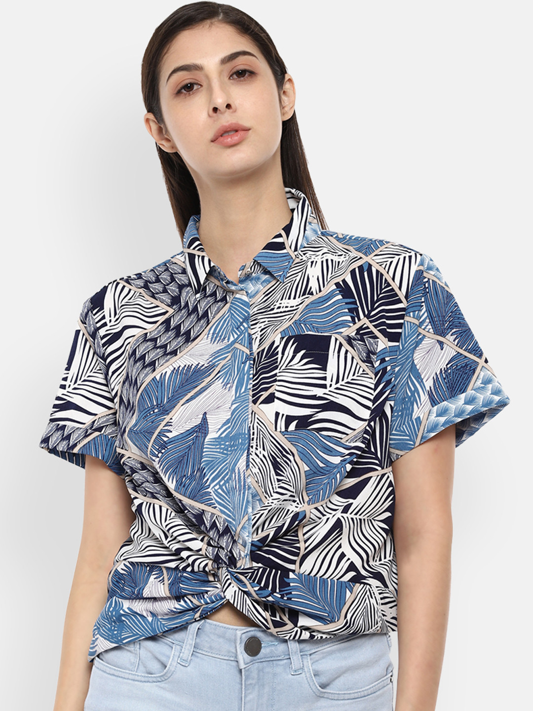 

Van Heusen Woman Blue & Off-White Printed Shirt Style Top