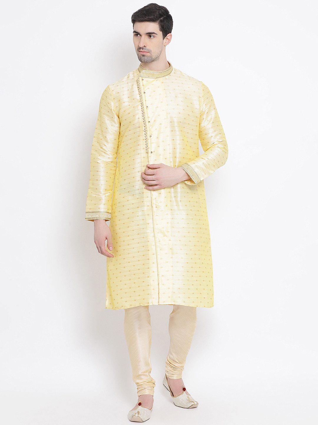 

Sanwara Men Yellow Woven Design Straight Jacquard Kurta