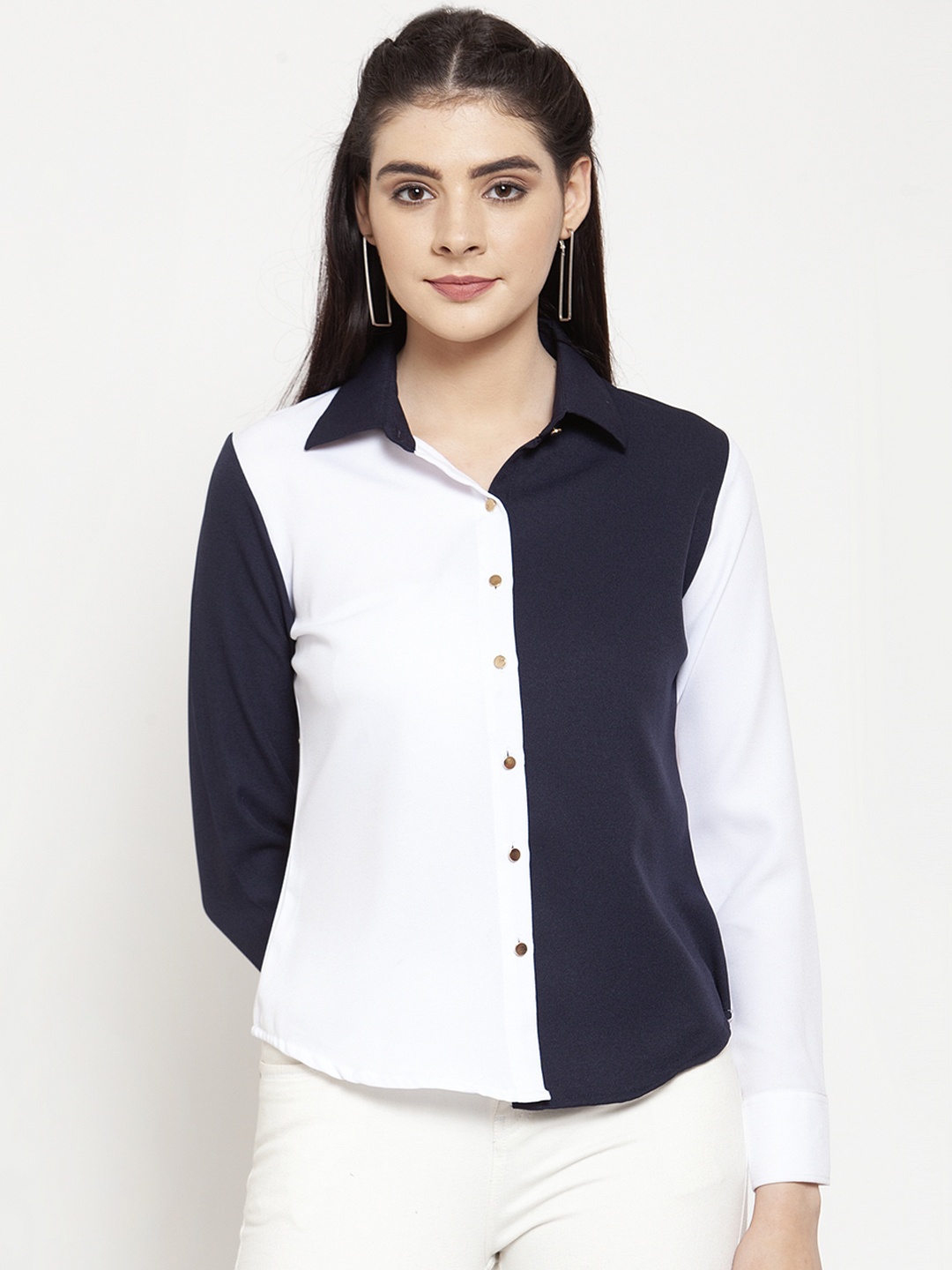 

armure Women White & Navy Blue Regular Fit Colourblocked Casual Shirt