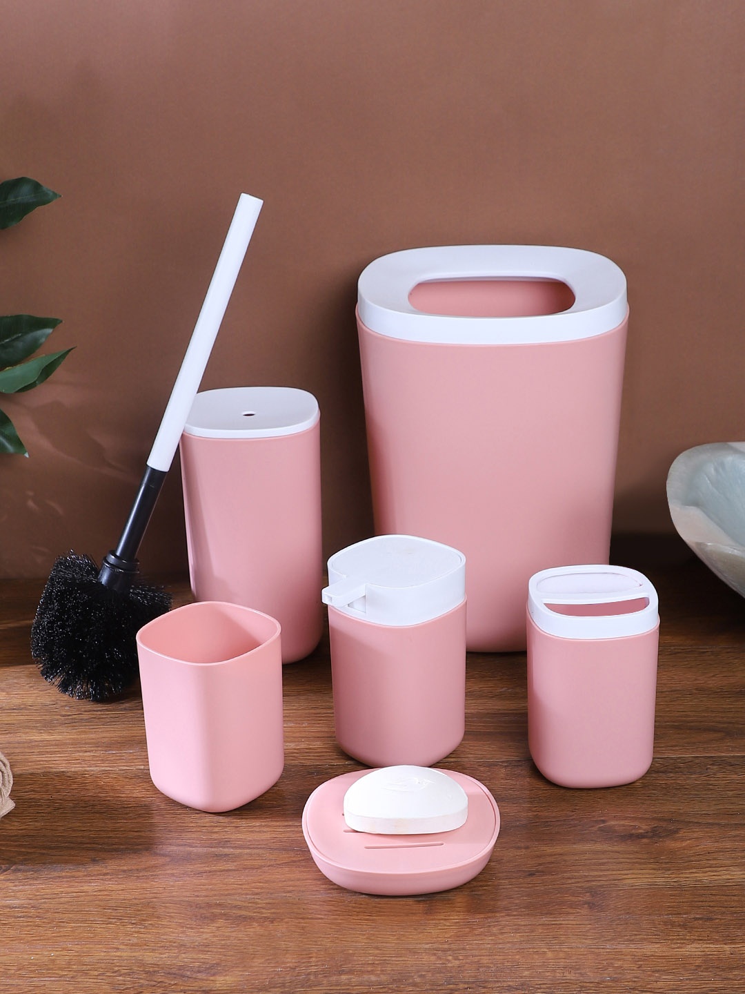 Cortina Unisex Set Of 6 Pink Solid Plastic Bathroom Accessories