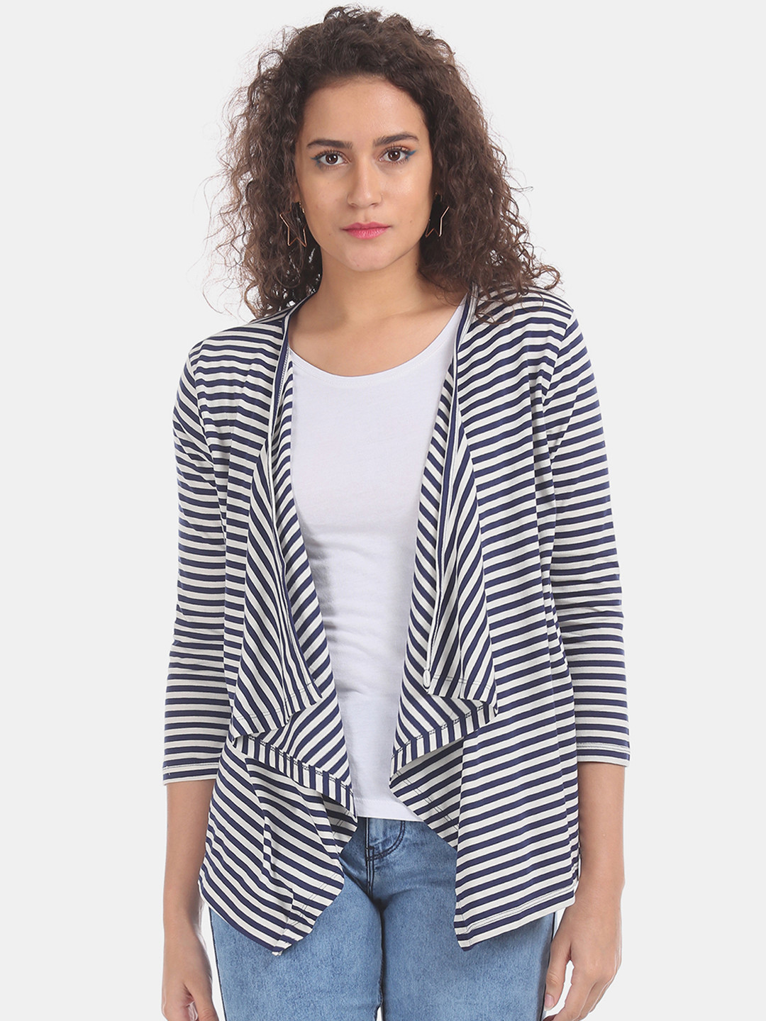 

Cherokee Women Navy Blue & White Striped Waterfall Shrug