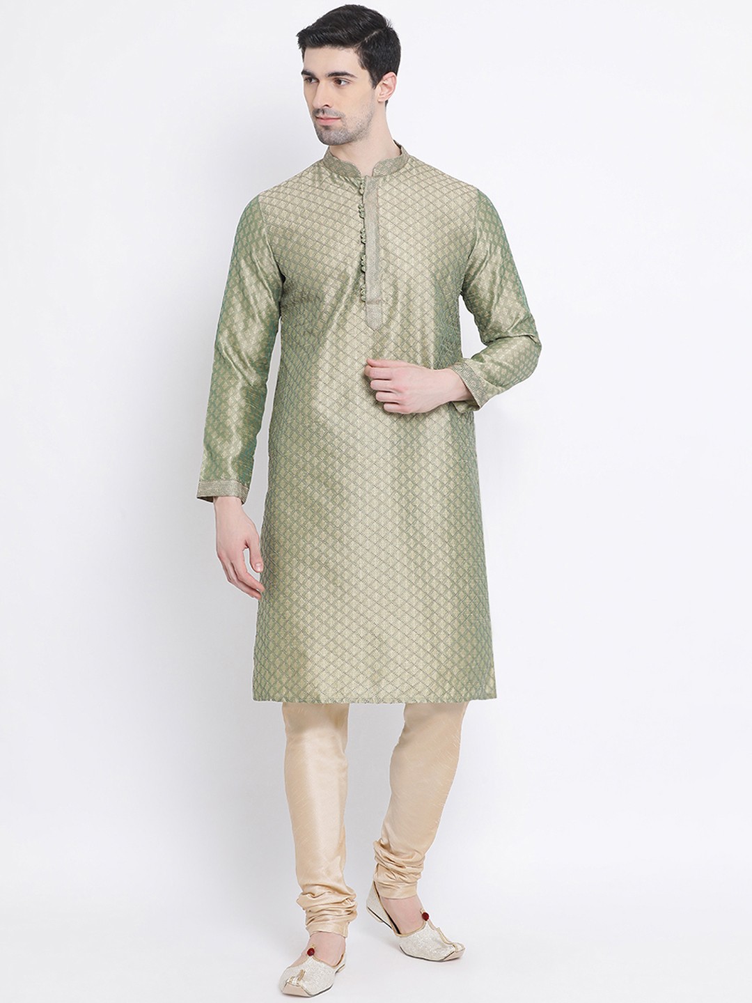 

Sanwara Men Green Woven Design Jacquard Straight Kurta