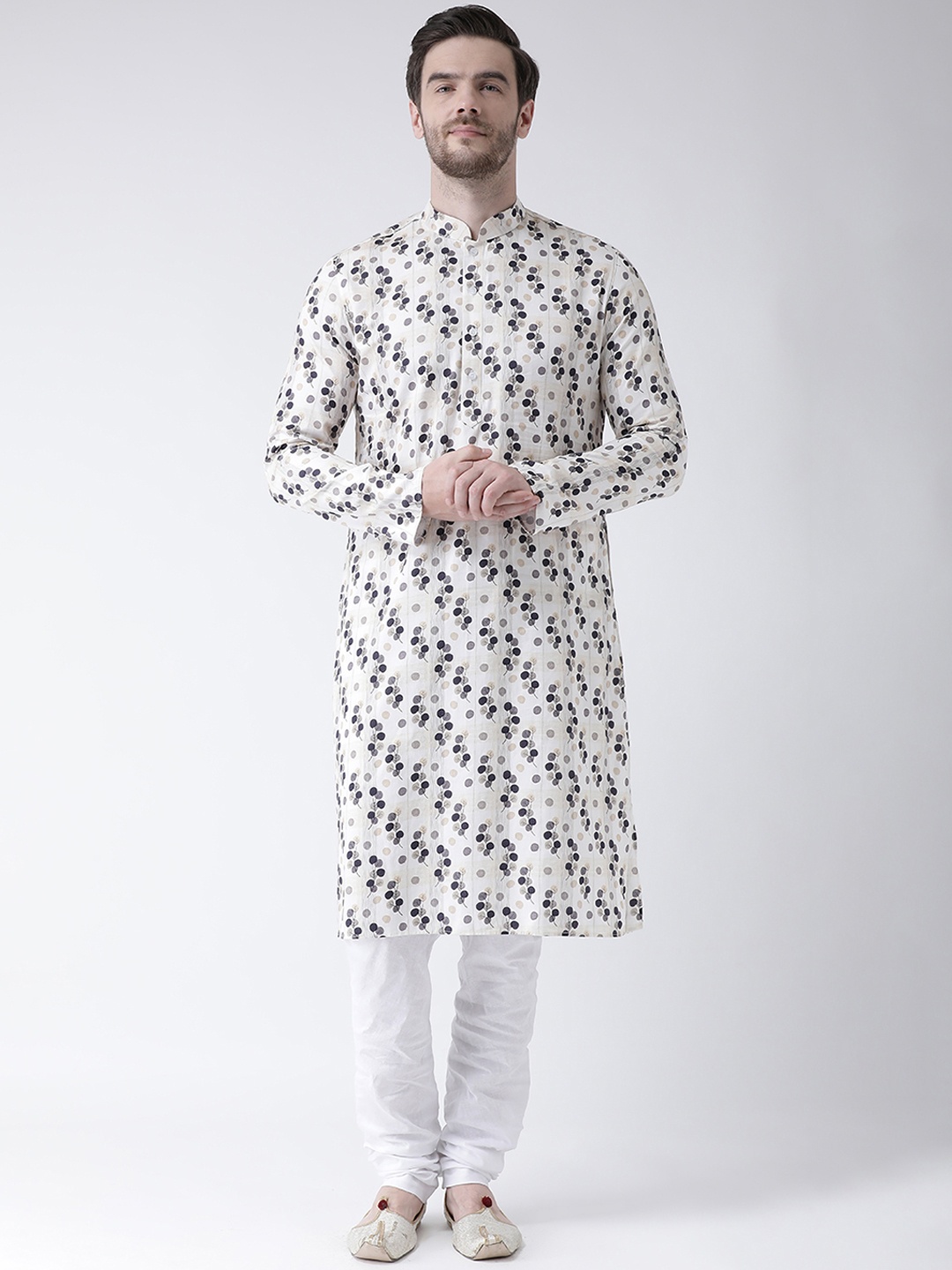 

DEYANN Men Cream-Coloured & Grey Printed Straight Kurta