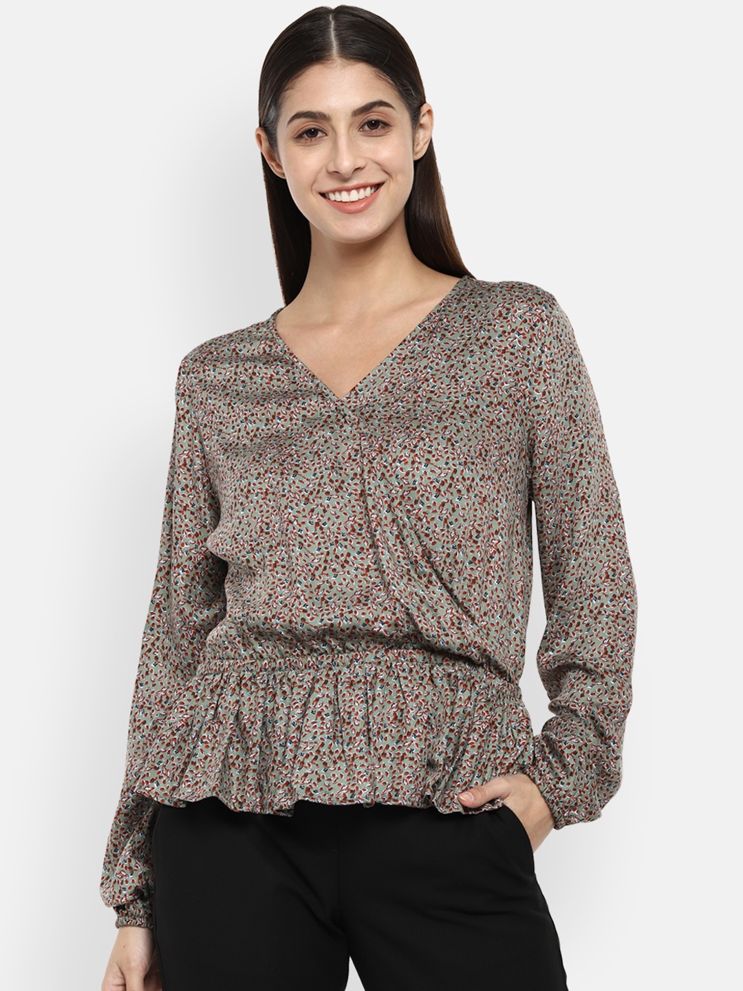 

Van Heusen Woman Sea Green & Orange Printed Cinched Waist Top