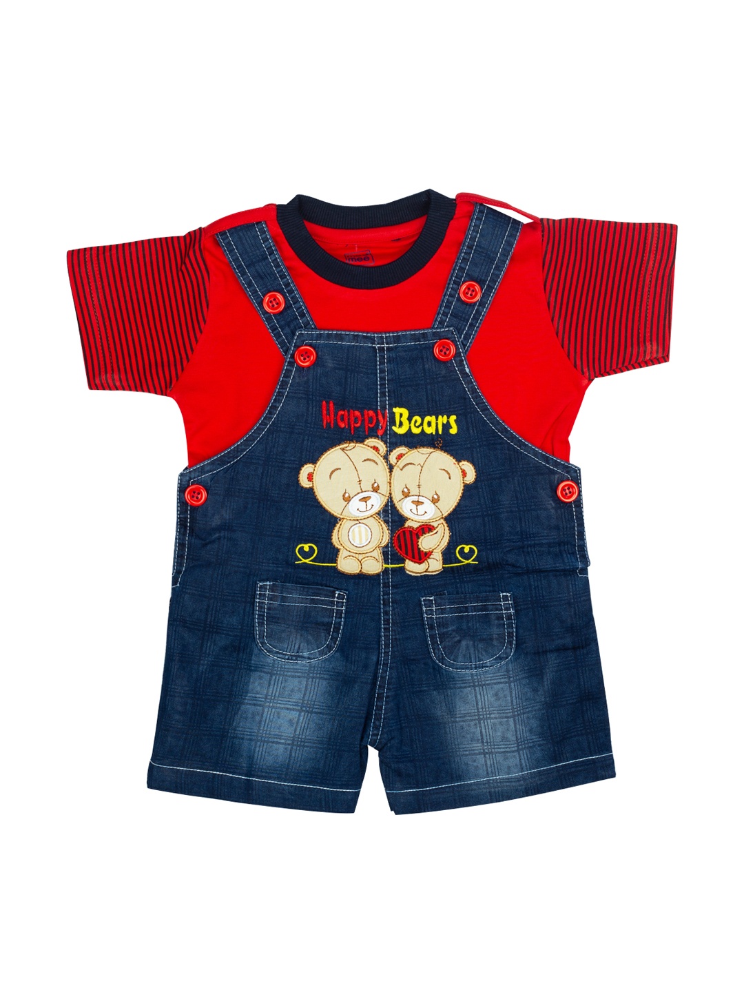 

MeeMee Infant Boys Red & Blue Solid T-shirt with Denim Dungaree Shorts