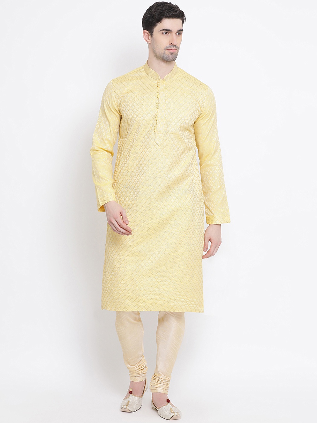 

Sanwara Men Yellow Woven Design Jacquard Straight Kurta