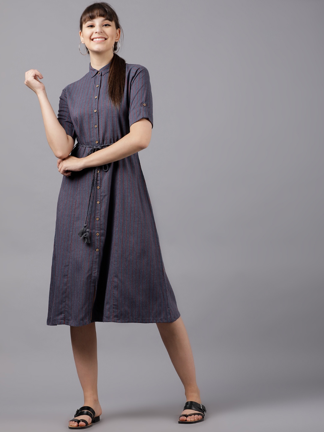 

Vishudh Women Blue & Red Striped Shirt Dress