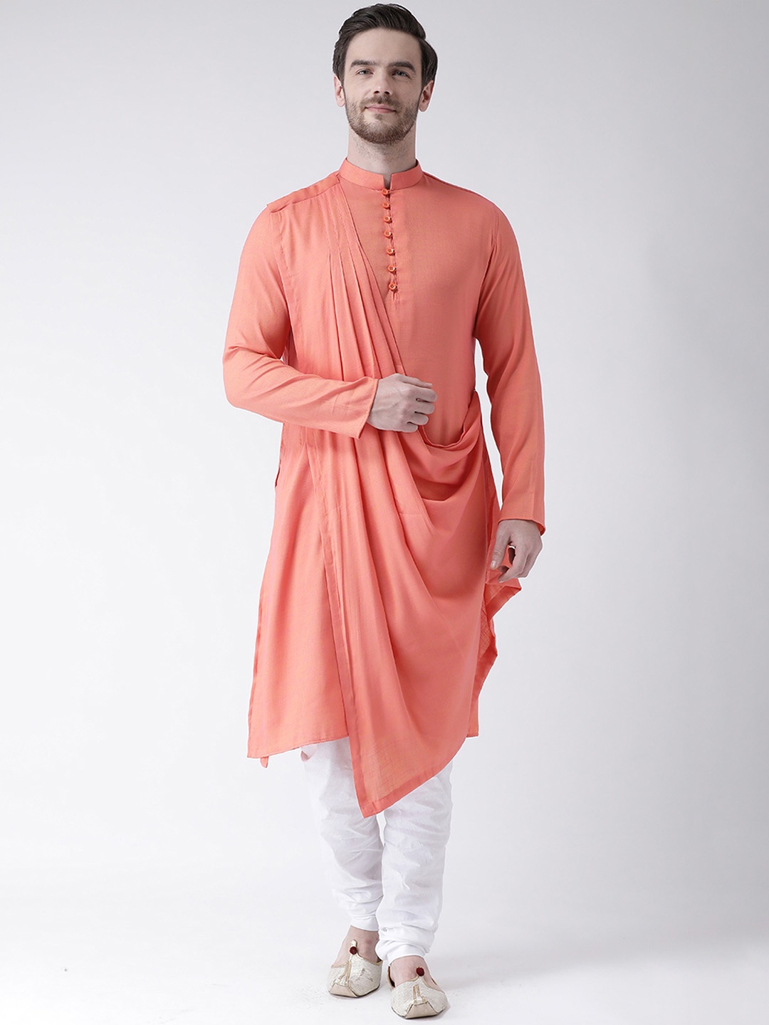 

DEYANN Men Peach-Coloured Solid Asymmetric Hemline Straight Kurta