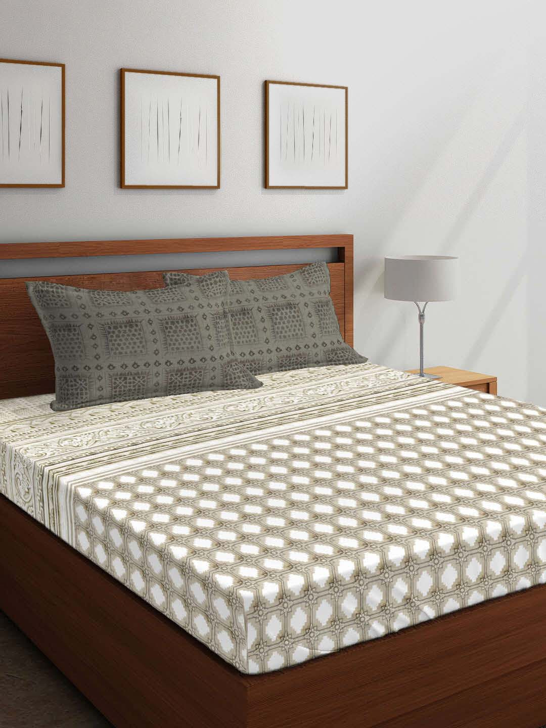 

Boutique Living India Grey & White Ethnic Motifs 400 TC Cotton 1 King Bedsheet with 2 Pillow Covers