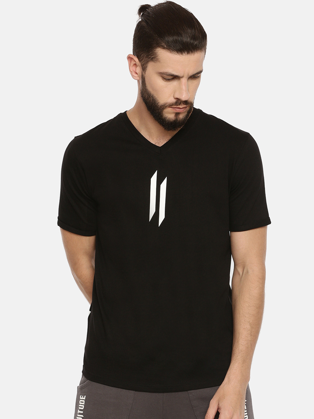 

ATTIITUDE Men Black Printed V-Neck Slim Fit Pure Cotton T-shirt