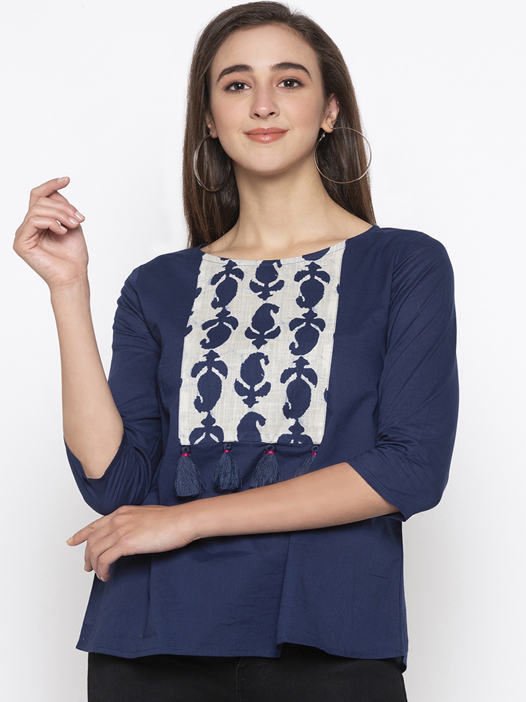

Globus Women Navy Blue Printed A-Line Pure Cotton Top