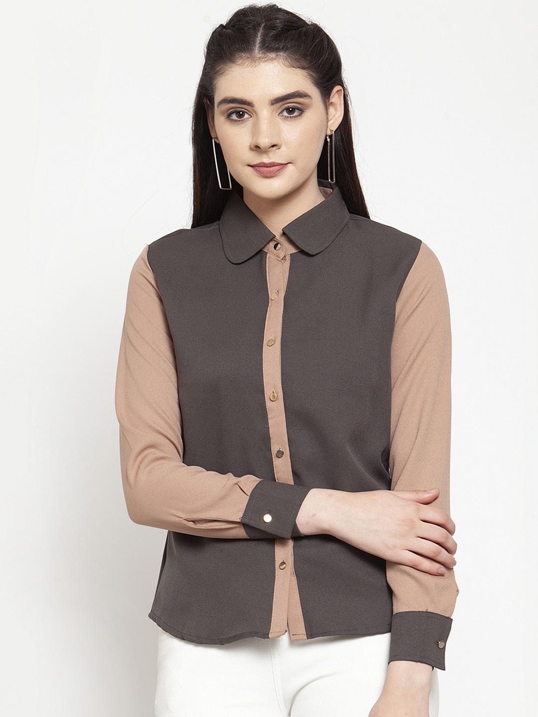 

armure Women Grey & Brown Regular Fit Colourblocked Casual Shirt