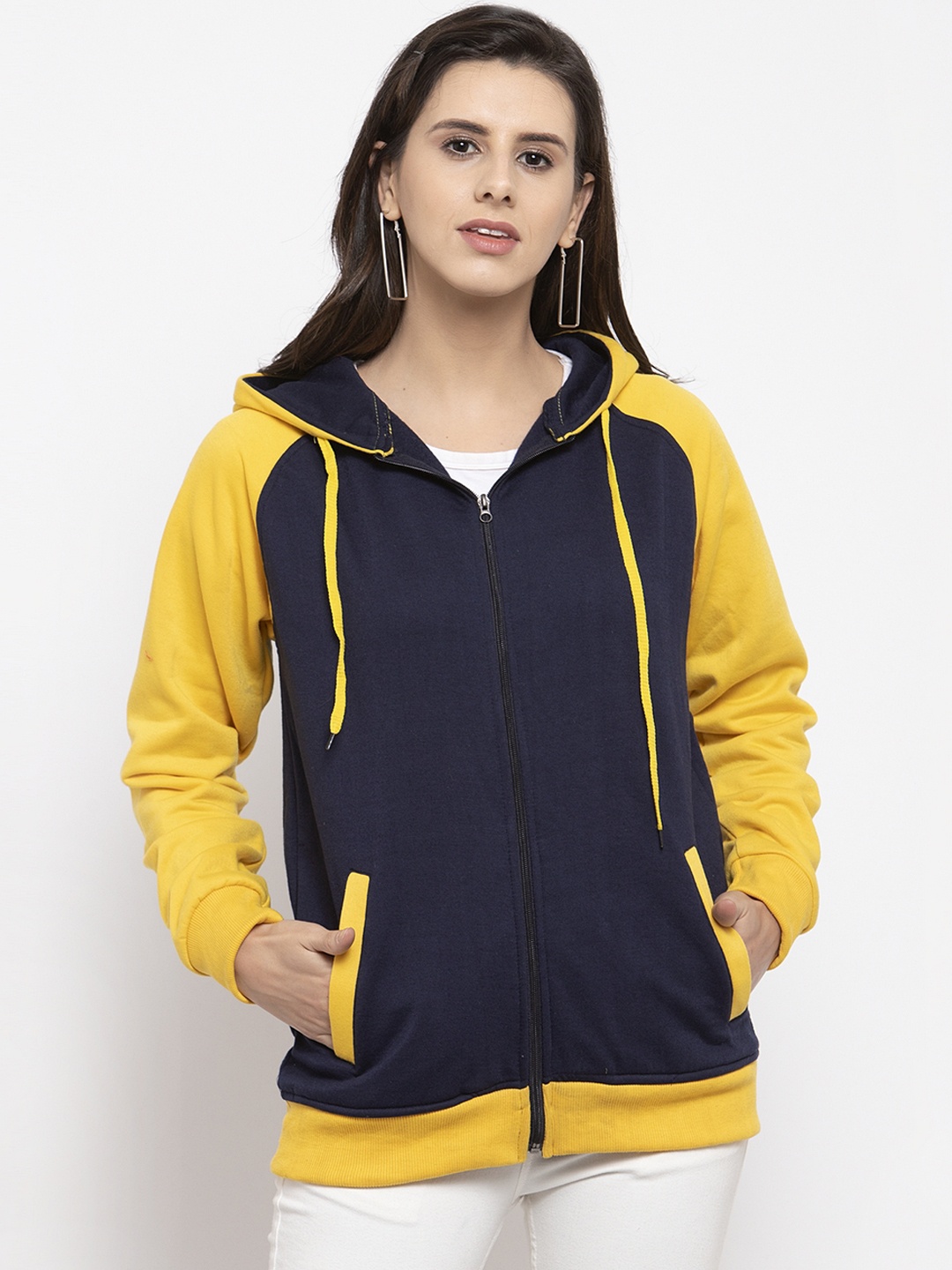 

VOXATI Women Navy Blue & Yellow Solid Hooded Sweatshirt