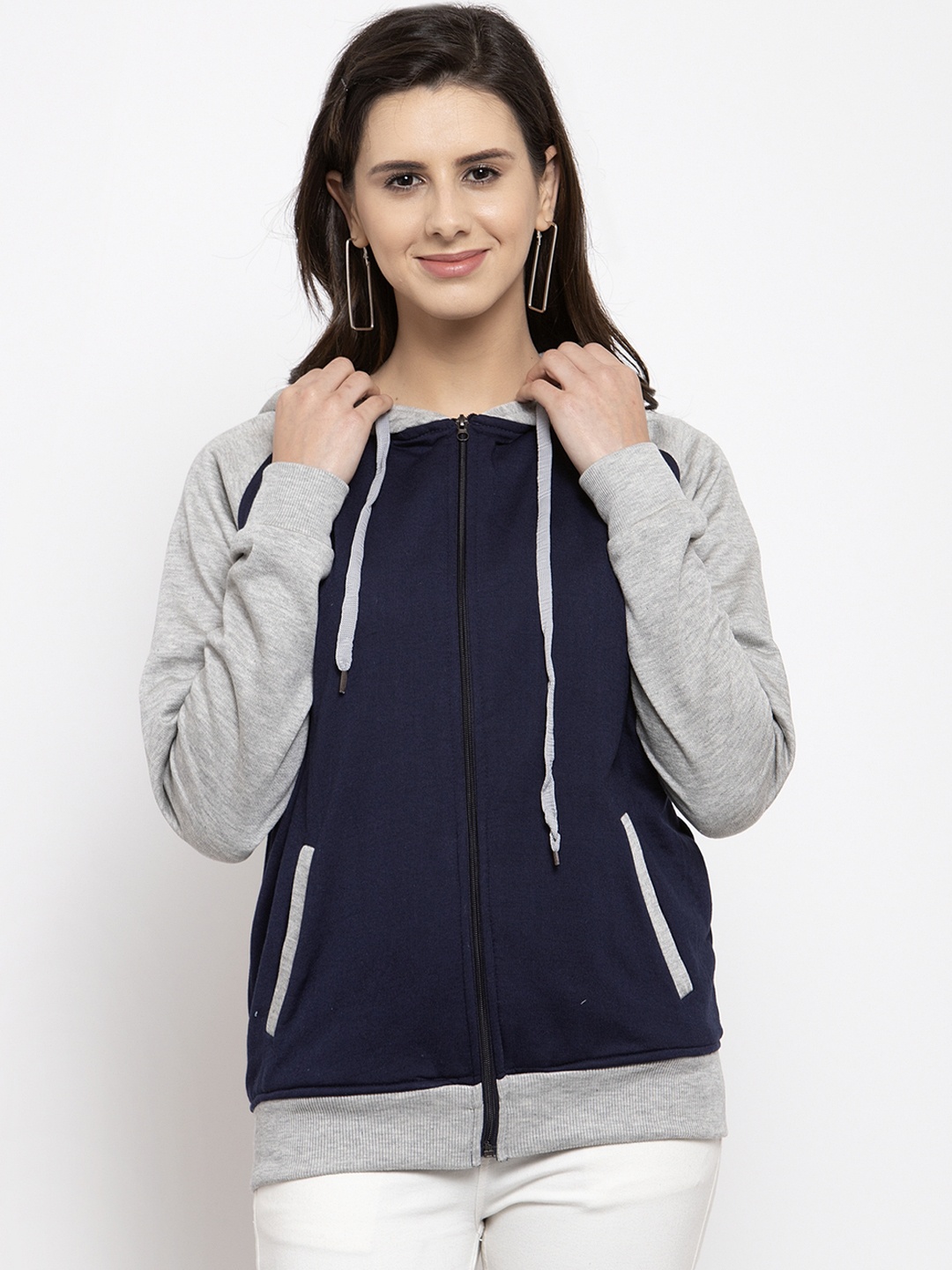 

VOXATI Women Navy Blue & Grey Solid Hooded Sweatshirt