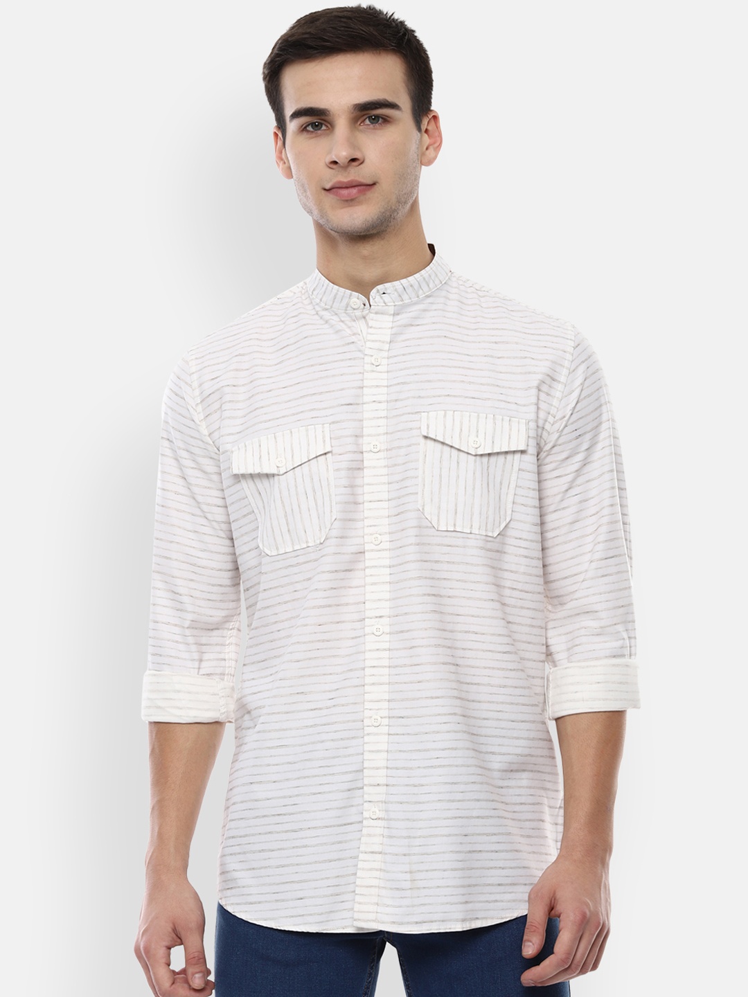 

Van Heusen Sport Men White & Brown Slim Fit Striped Casual Shirt