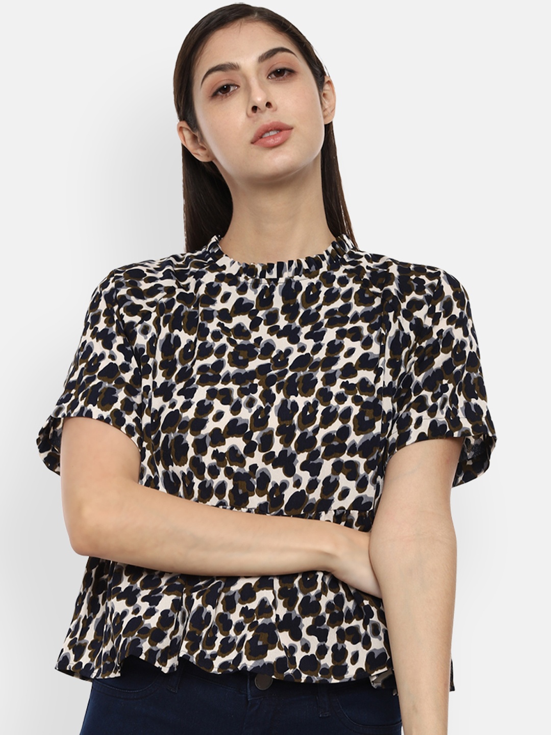 

Van Heusen Woman Off-White & Navy Blue Animal Print A-Line Top