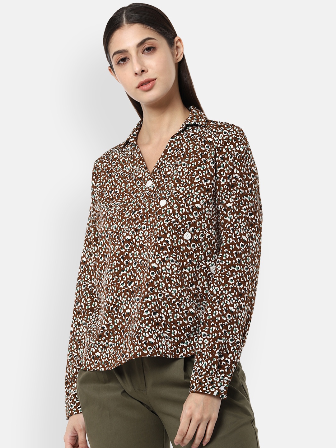 Van Heusen Woman Brown & White Printed Shirt Style Top