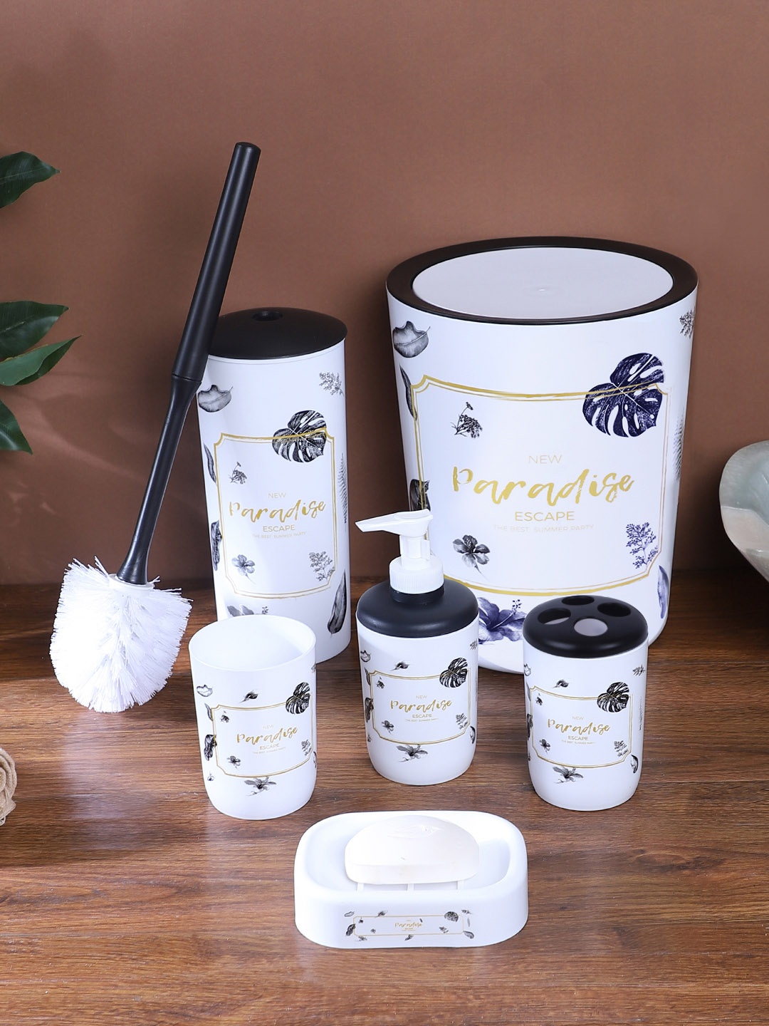 

Cortina Unisex Set Of 6 White & Black Printed Bathroom Accessories