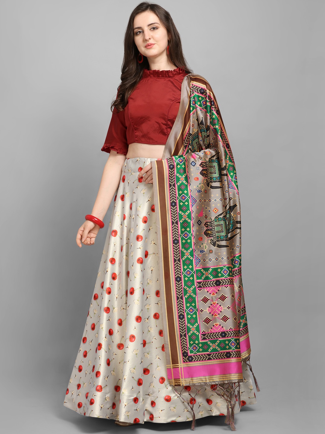 

Satrani White & Maroon Solid Unstitched Lehenga & Blouse with Dupatta