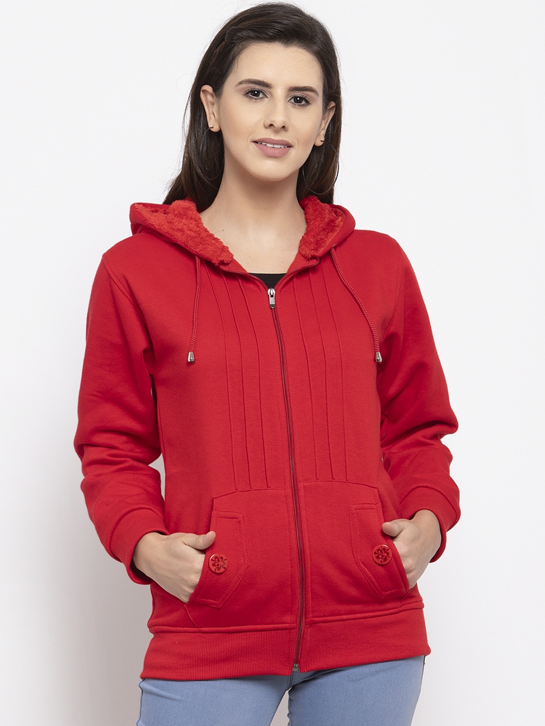 VOXATI Women Red Solid Hooded Sweatshirt