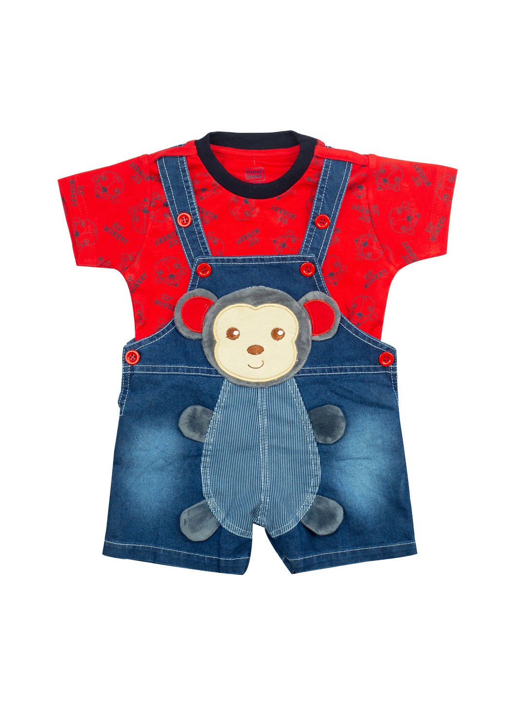 

MeeMee Infant Boys Red & Blue Printed T-shirt with Denim Dungaree Shorts