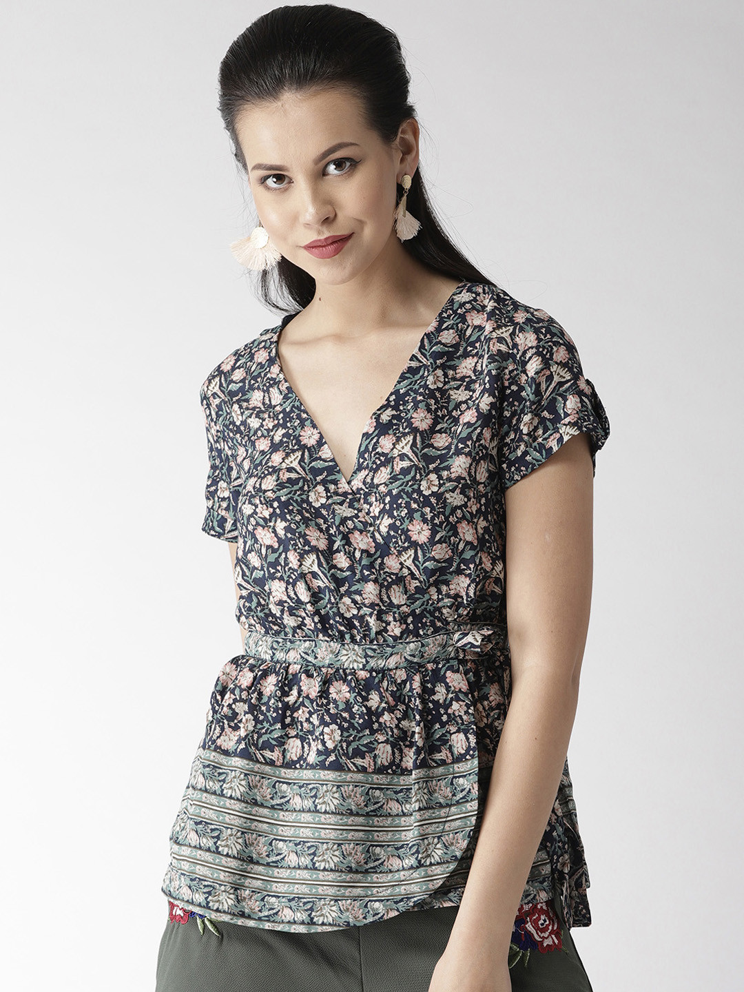 

QUIERO Women Navy Blue Printed Wrap Top