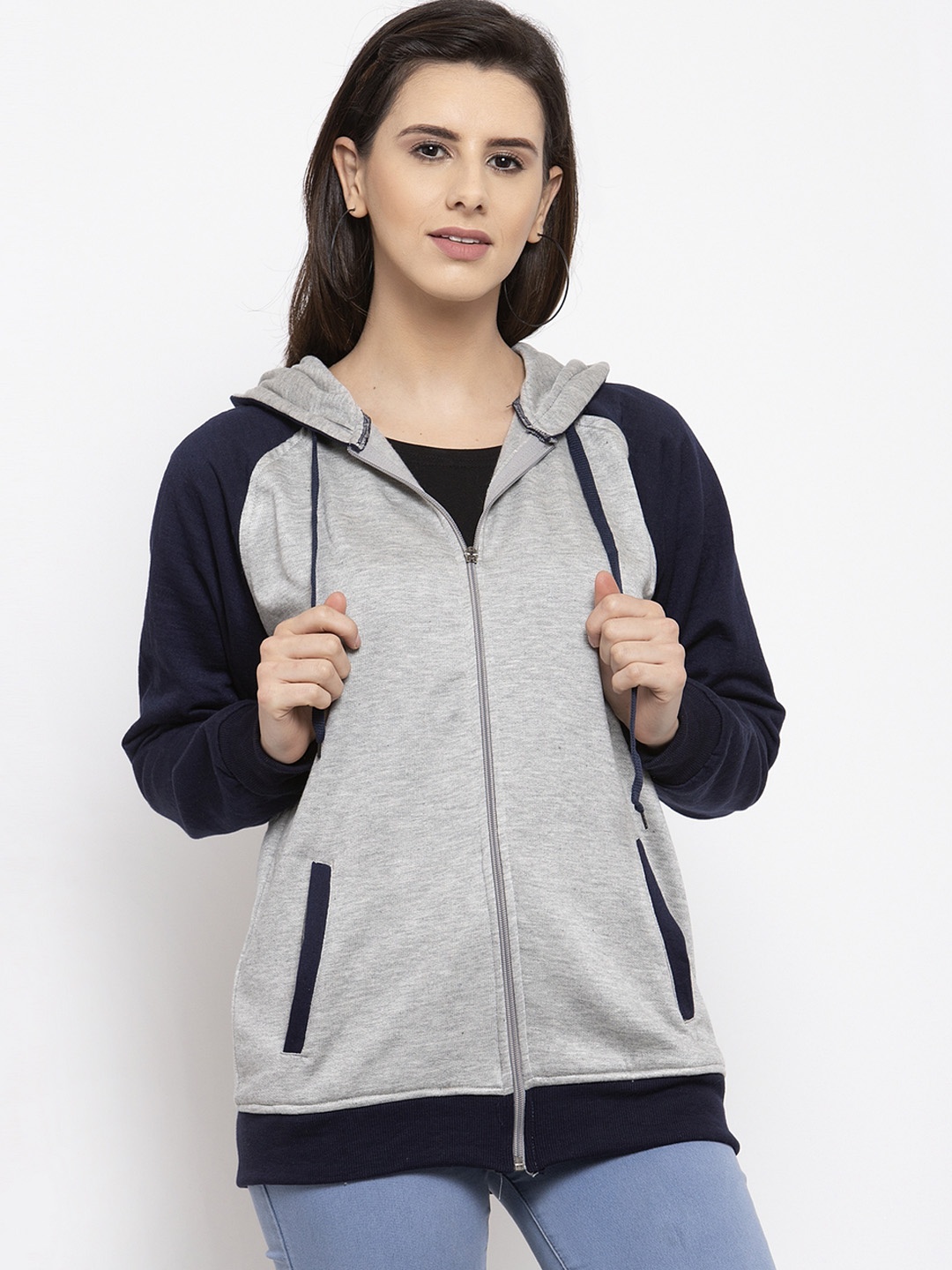 VOXATI Women Grey & Blue Solid Hooded Sweatshirt
