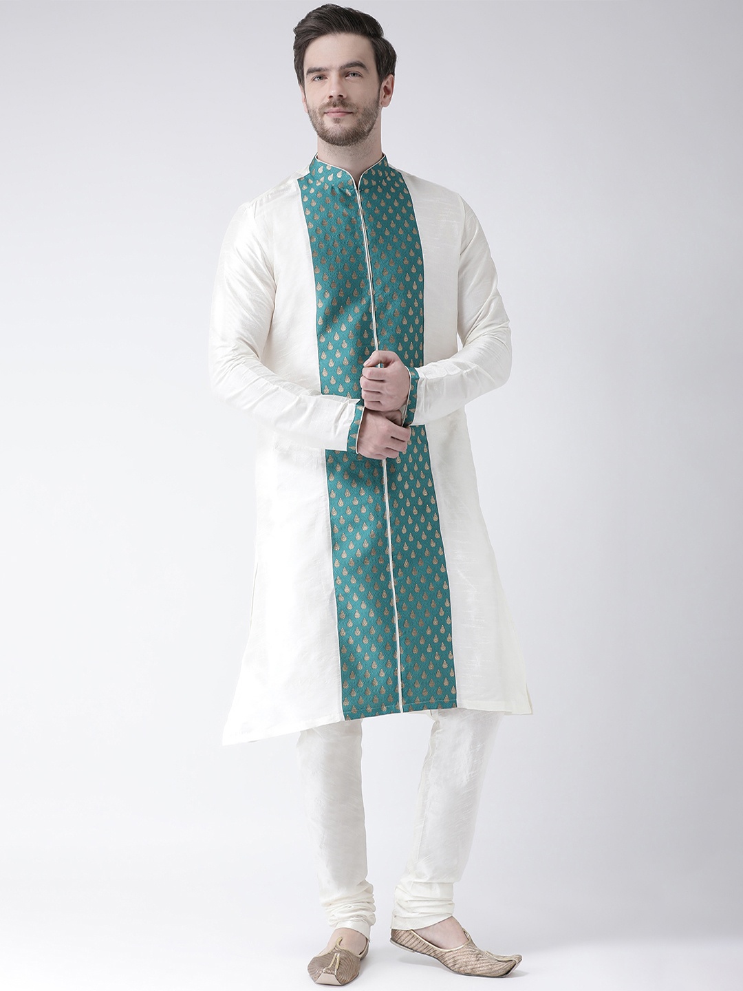 

DEYANN Men Off-White & Blue Woven Design Straight Kurta