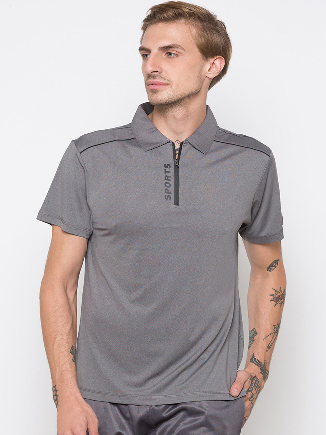 

Globus Men Grey Solid Polo Collar T-shirt