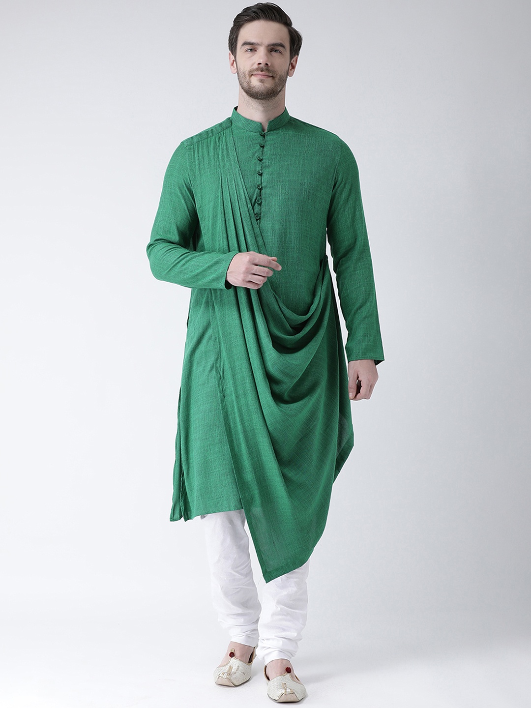 

DEYANN Men Green Solid Asymmetric Hemline Straight Kurta
