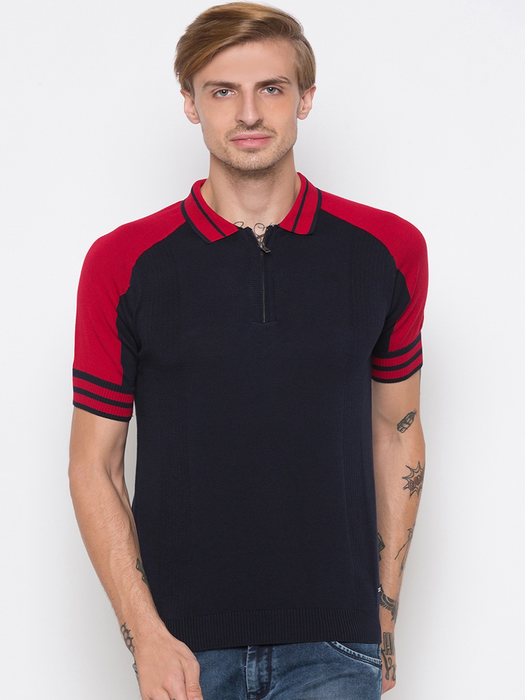 

Globus Men Navy Blue Colourblocked Polo Collar T-shirt