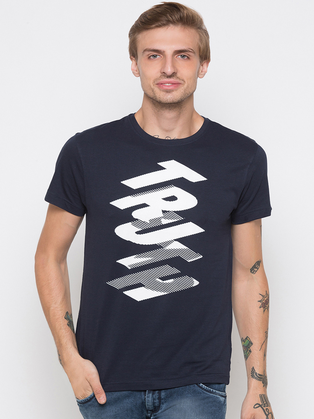 

Globus Men Navy Blue Printed Round Neck T-shirt