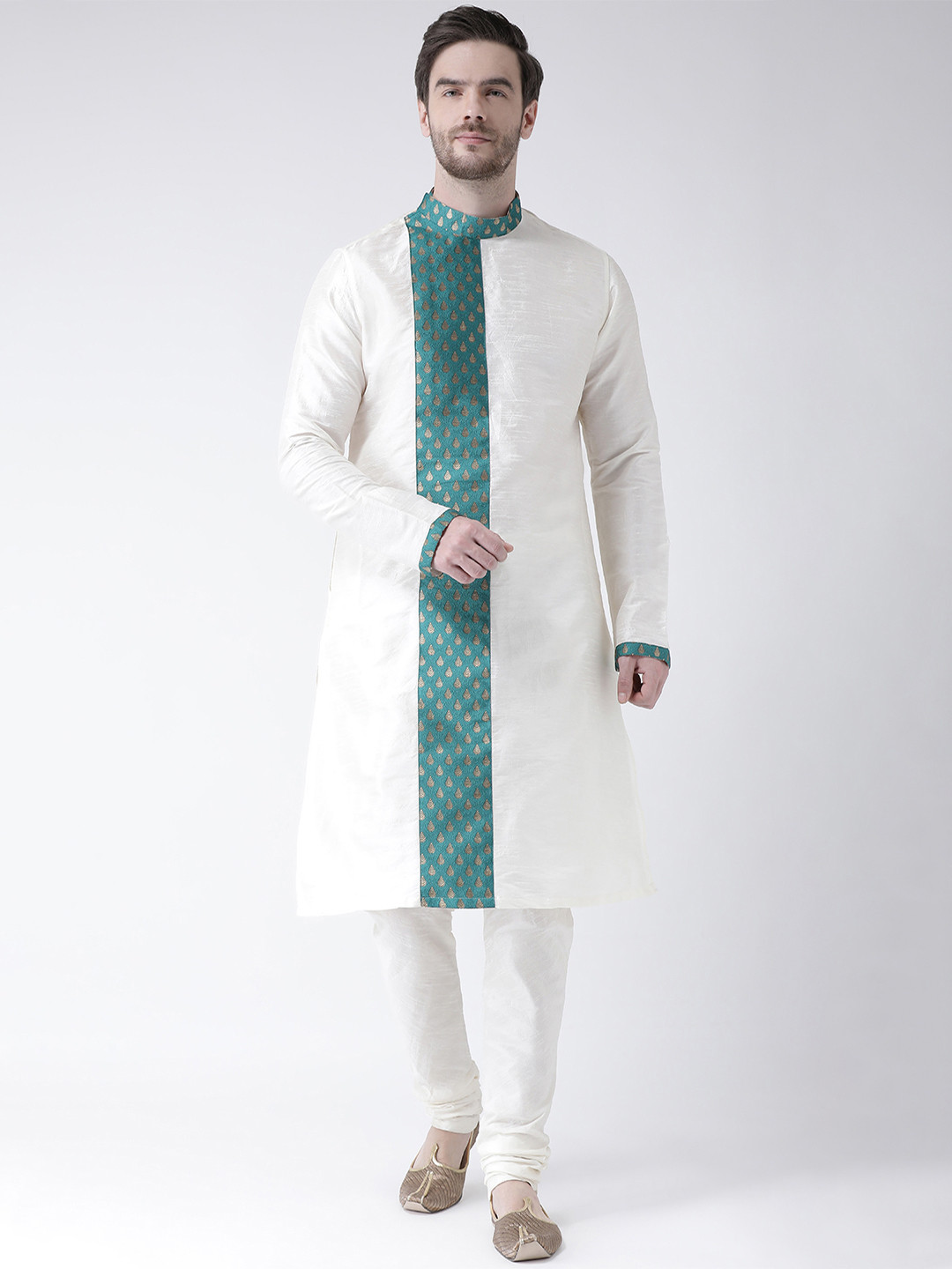 

DEYANN Men Off-White & Blue Woven Design Straight Kurta