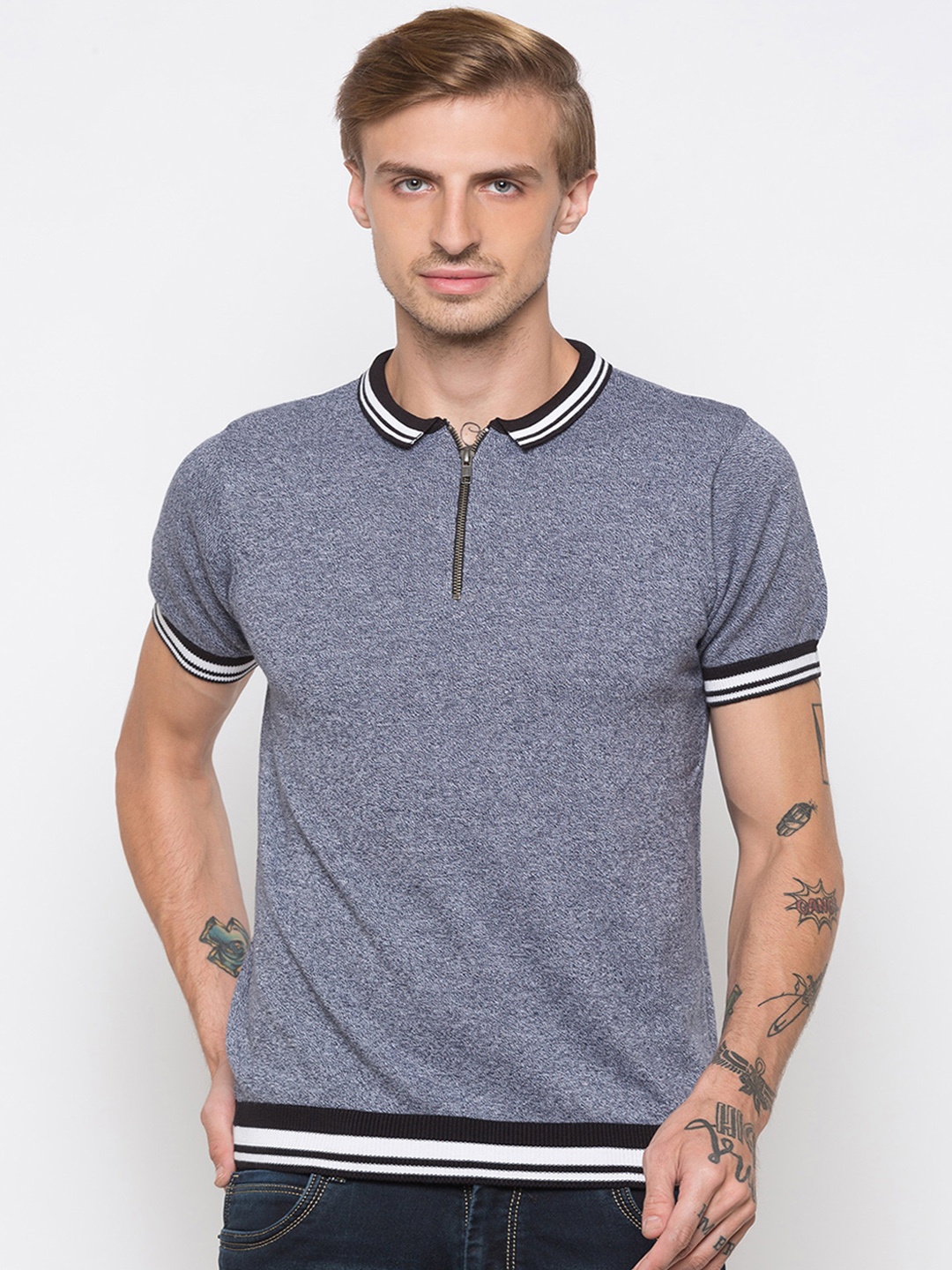 

Globus Men Grey Self Design Polo Collar T-shirt