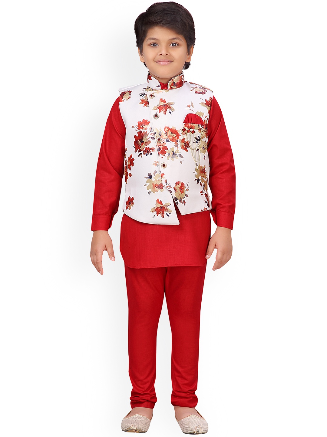 

Aj DEZInES Boys Red & White Printed Kurta with Pyjamas & Nehru Jacket