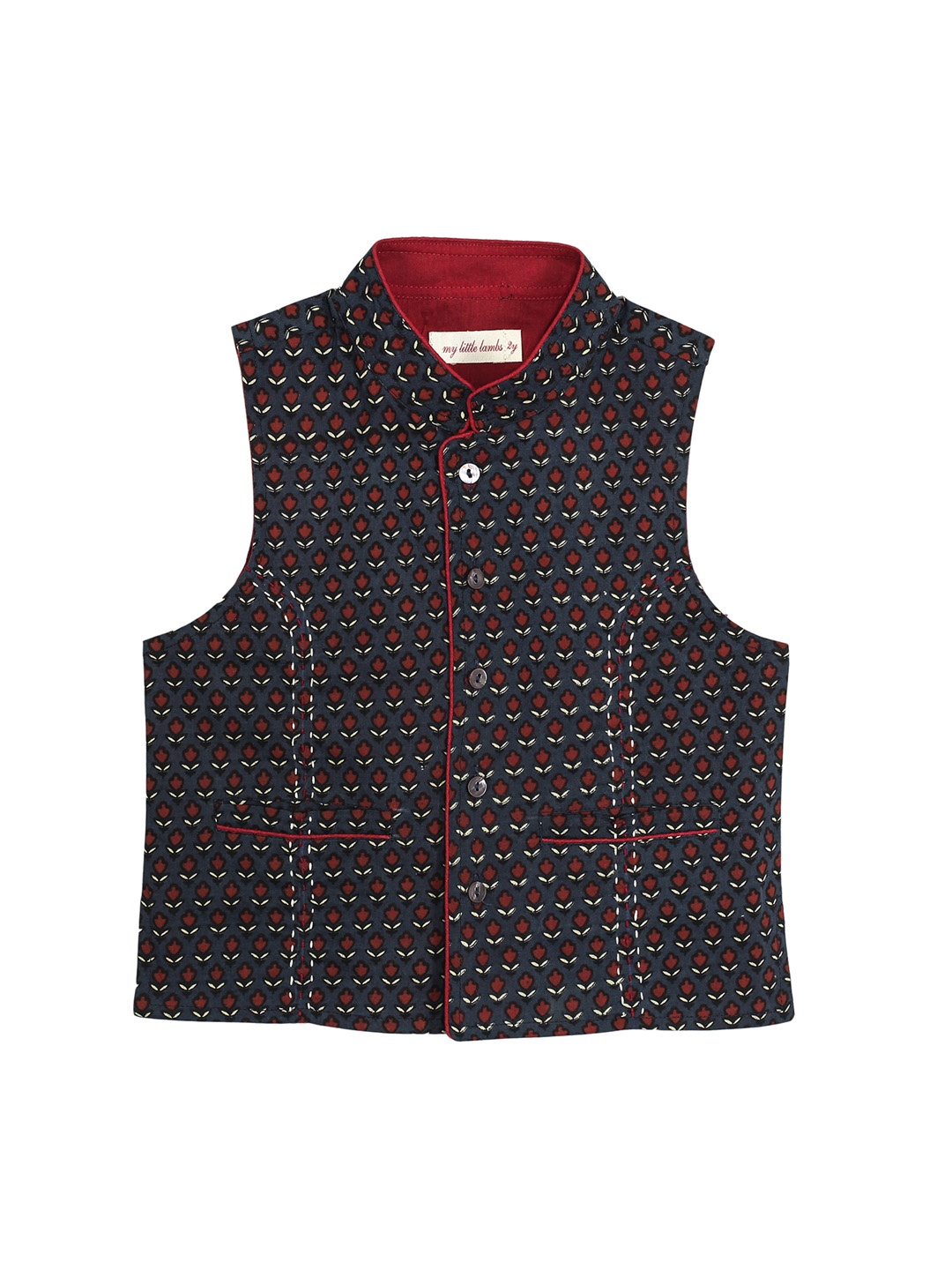My Little Lambs Boys Blue & Red Printed Woven Bagru Kantha Pure Cotton Nehru Jacket