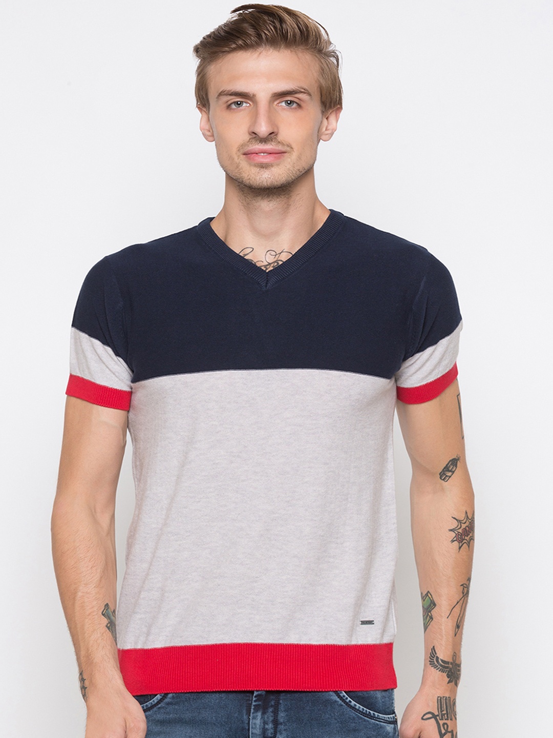 

Globus Men Grey Colourblocked V-Neck T-shirt