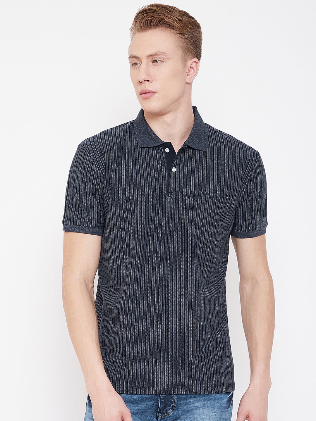 

Octave Men Grey & Navy Blue Striped Polo Collar T-shirt