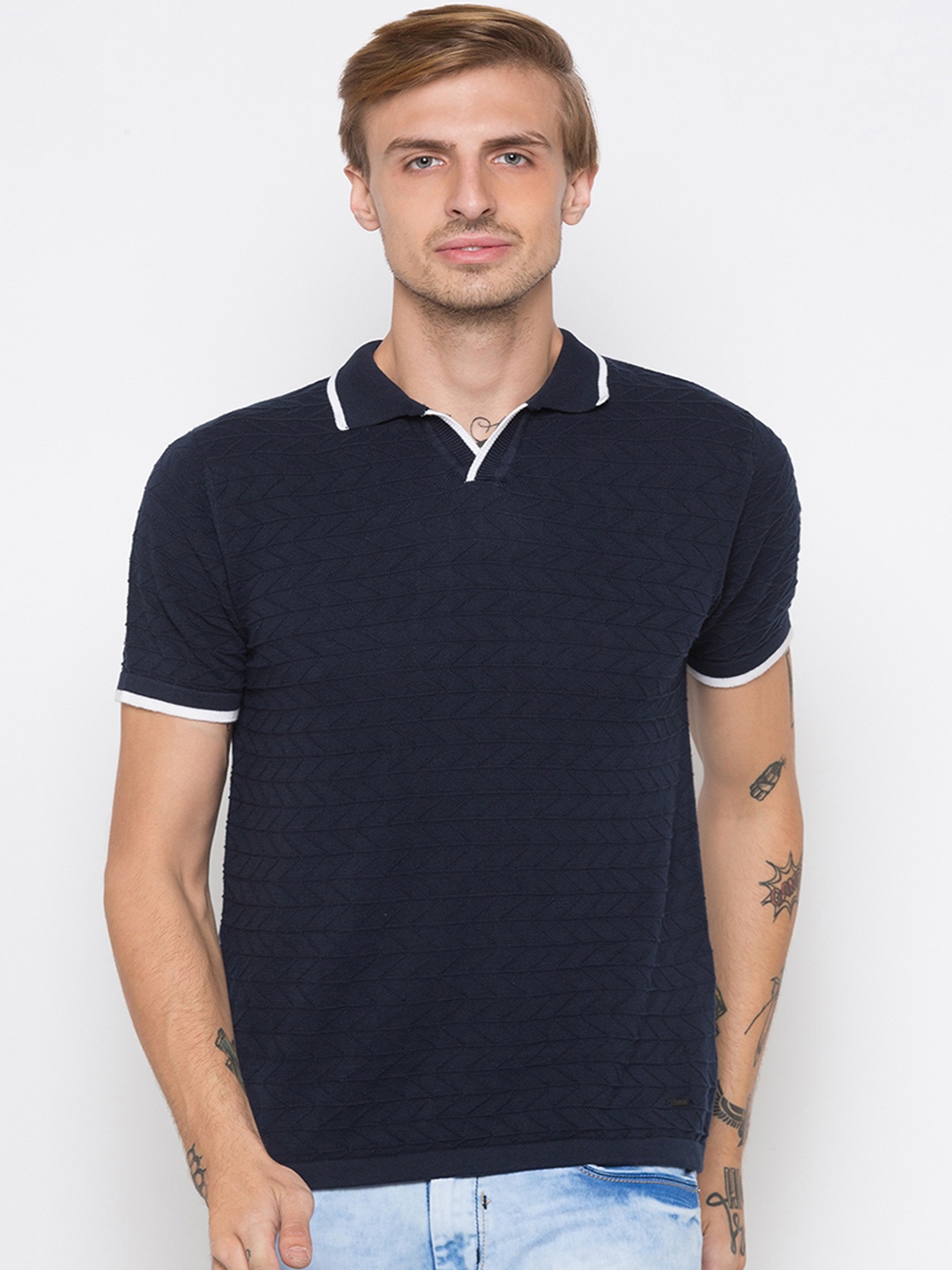 

Globus Men Navy Blue Self Design Polo Collar T-shirt