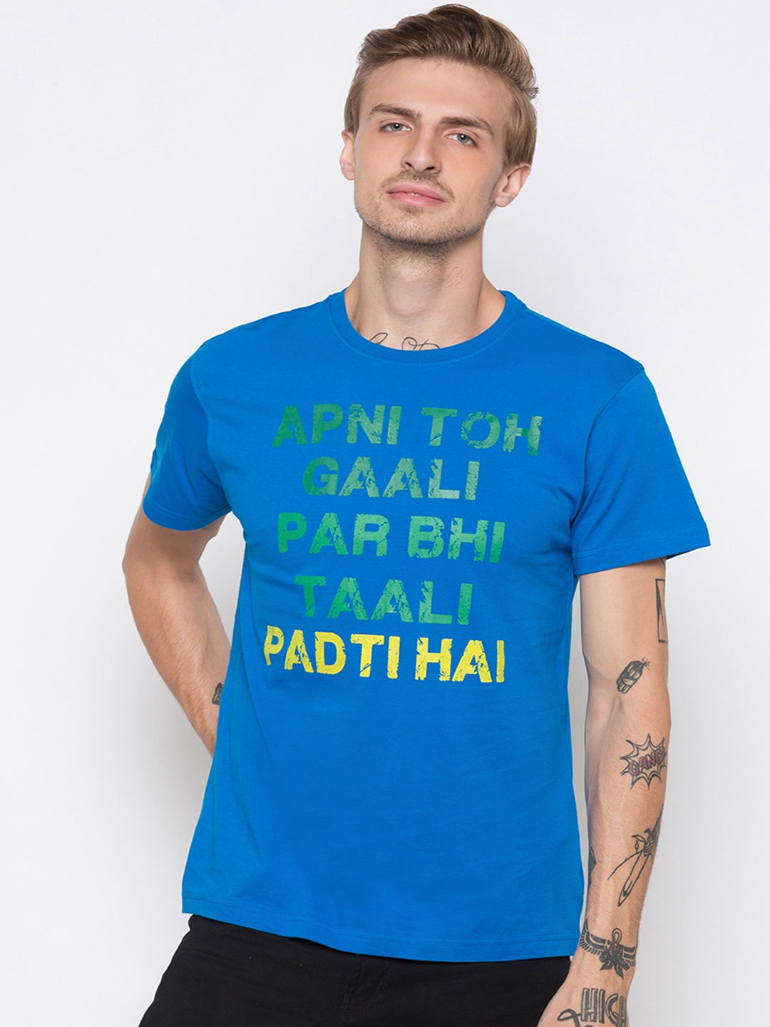 

Globus Men Blue & Green Printed Round Neck T-shirt