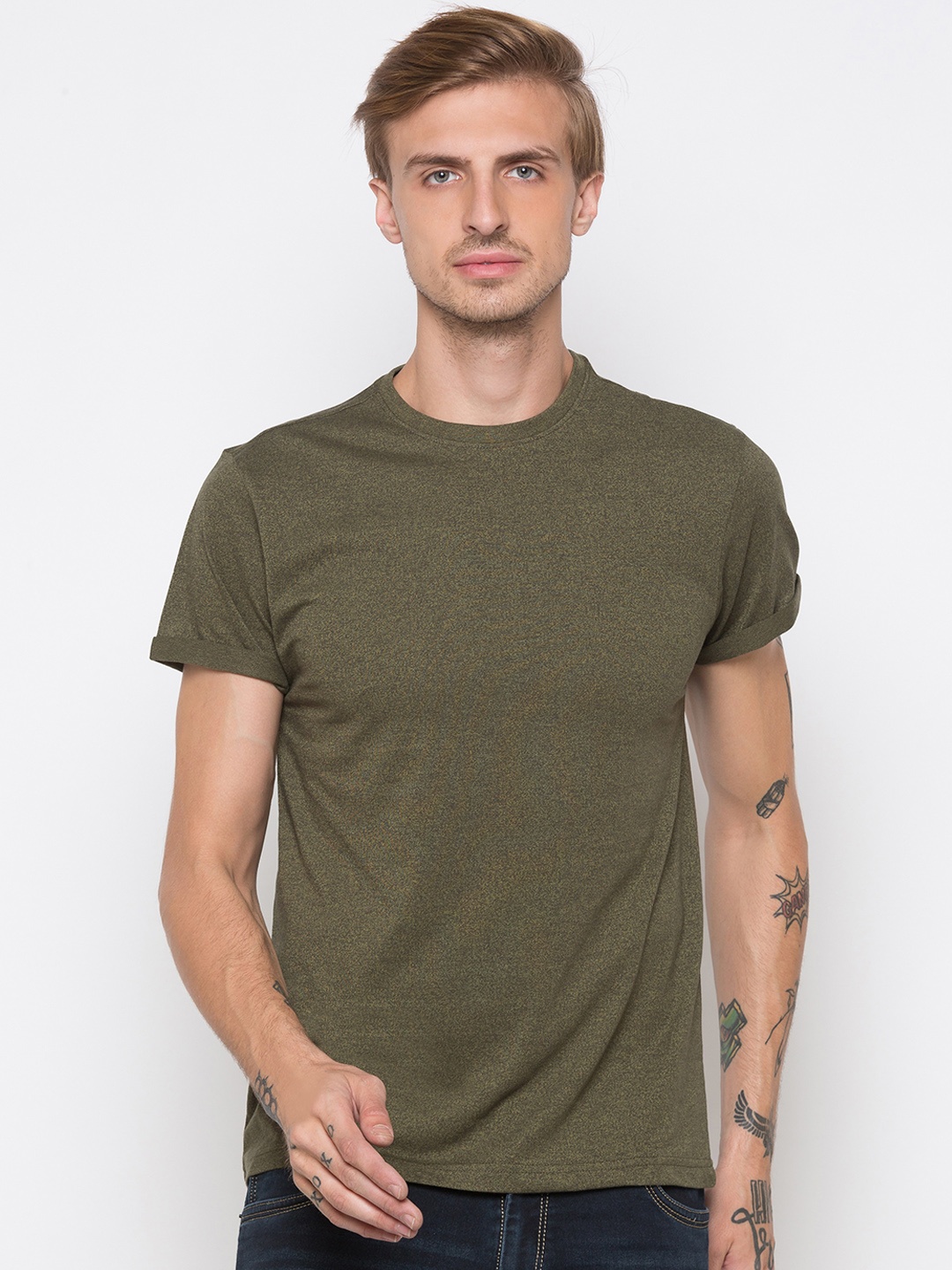 Globus Men Olive Green Printed Round Neck T-shirt