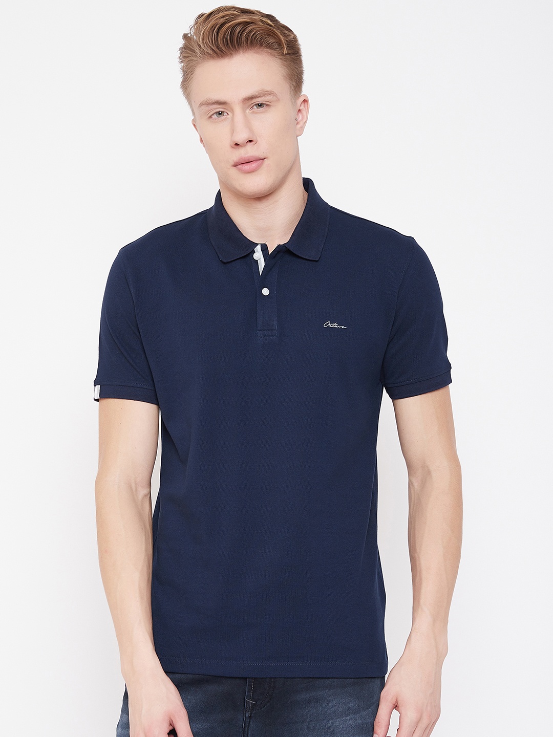 Octave Men Navy Blue Solid Polo Collar T-shirt